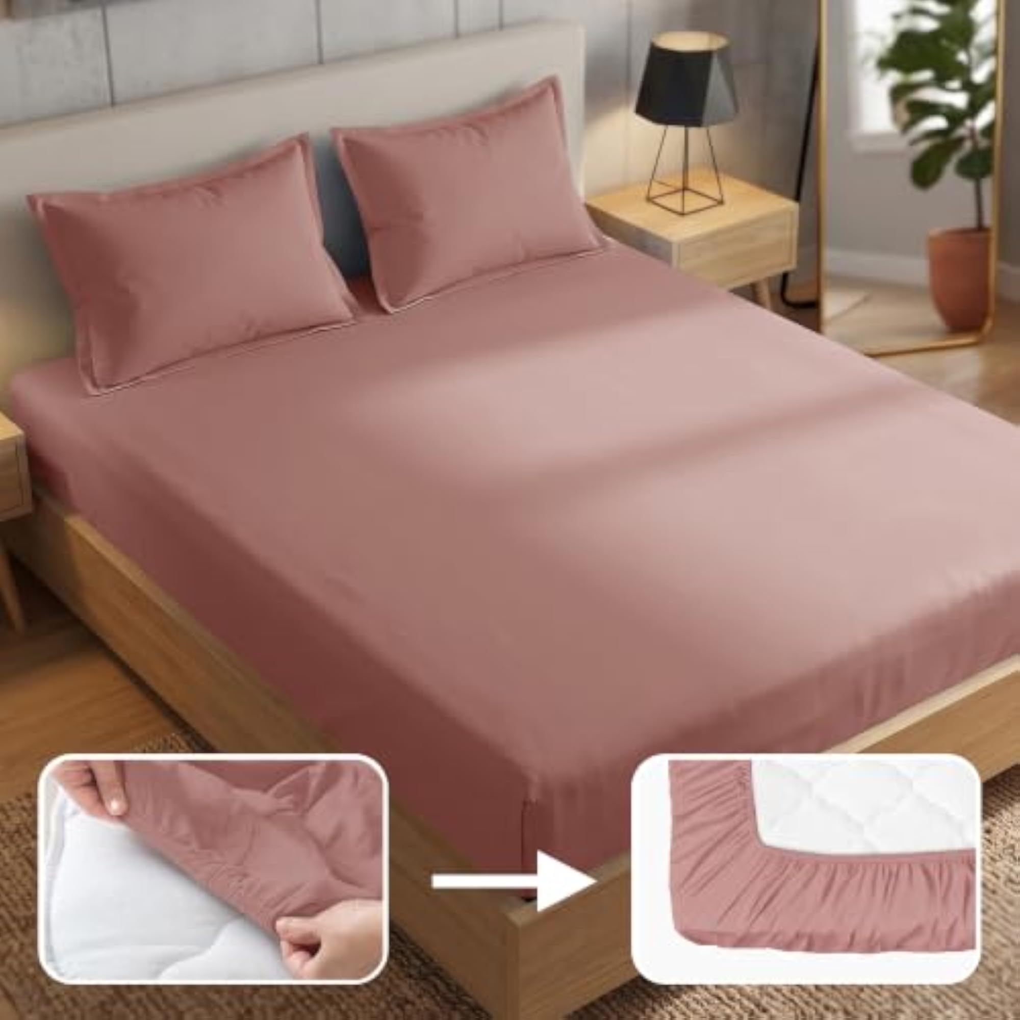 Story@Home 300 TC Cotton King Fitted Bedsheet, Dusty Rose